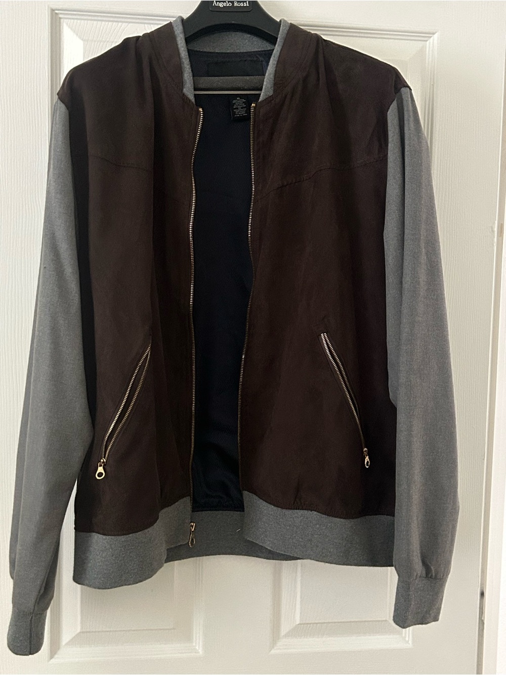 Sean John Brown Suede Front Bomber Jacket with Gray Knit Sleeves